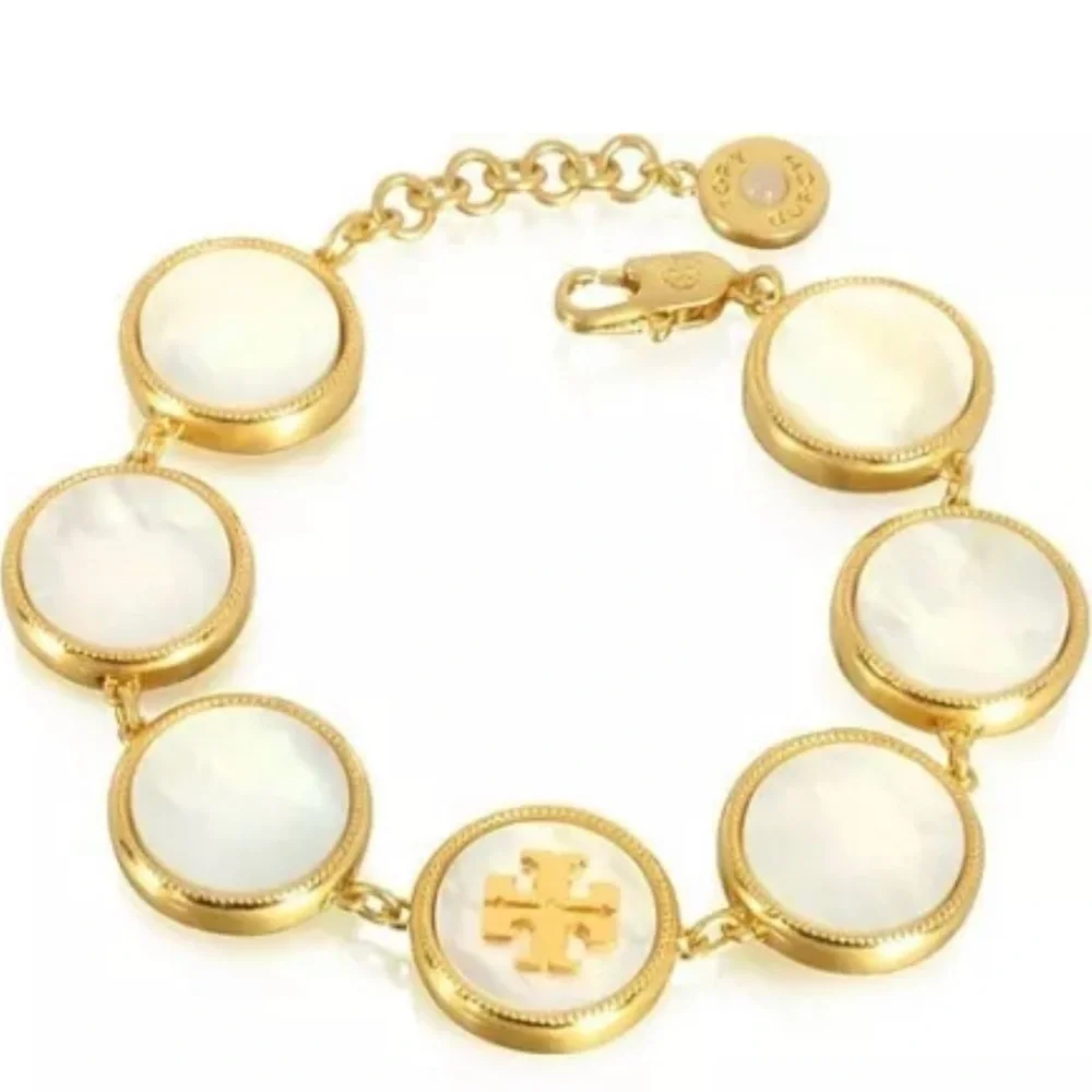 🔥🔥Tory Burch Authentic White Semi Precious Mother Of Pearl Coin Station Bracelet